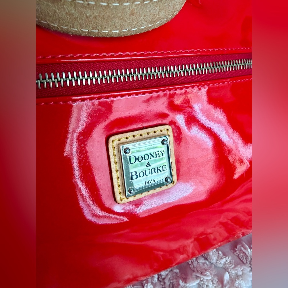 Dooney & Bourke Red Patent Leather Shoulder Hobo Tan Straps. Glossy Luxe Classic - Picture 3 of 17